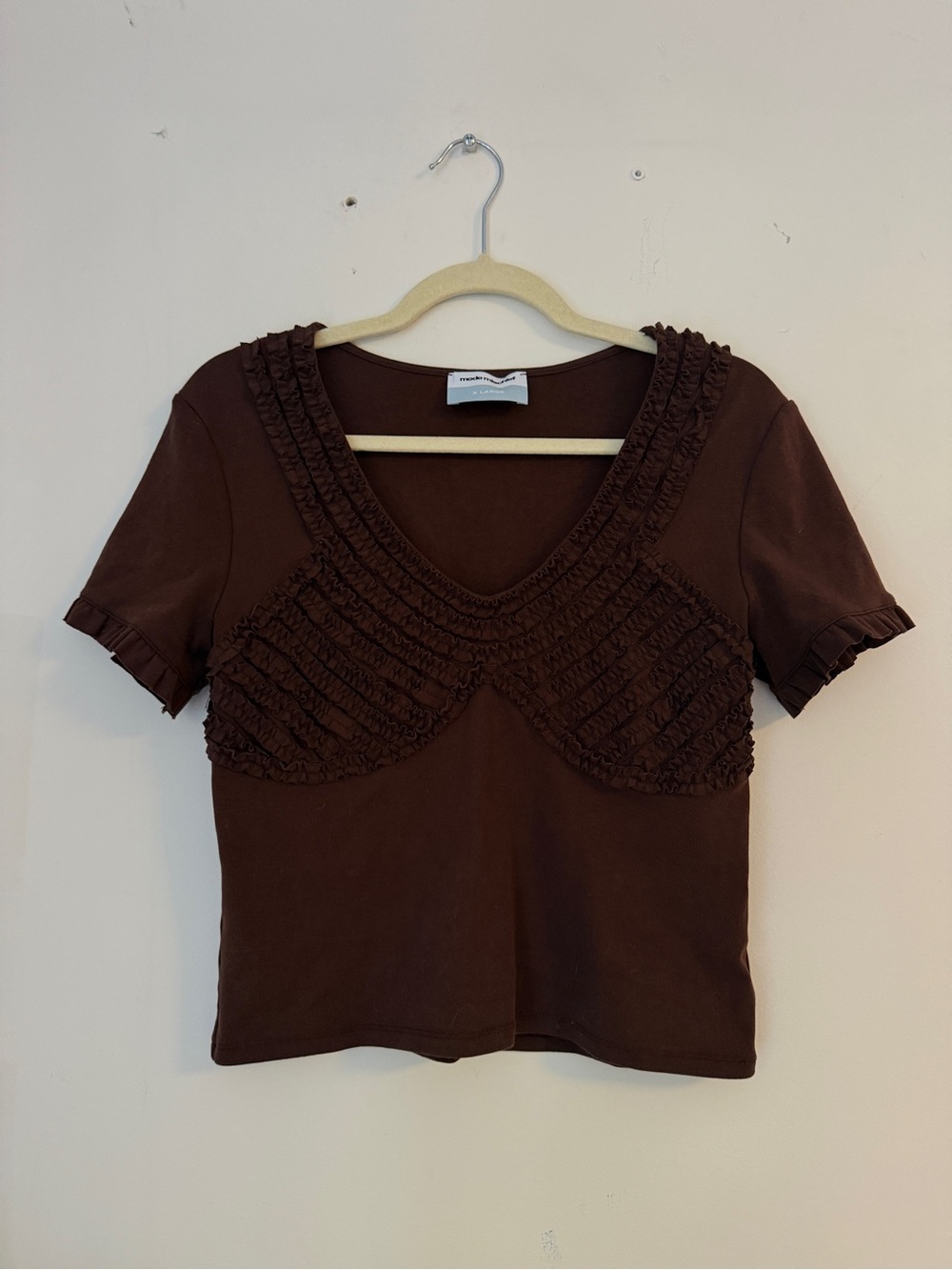 Women’s Chocolate Brown Ruffle-Trim V-Neck Short Sleeve Tee